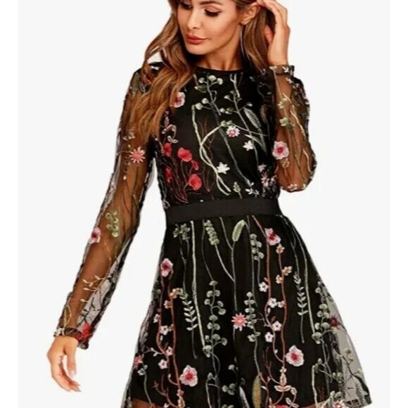 Women's - Floral Embroidered Long Sleeve Dress, Size Large - Picture 1 of 10